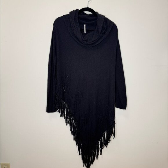 Free People Rare Temptress Fringe Cowl Neck Black Poncho Sweater Size S - Picture 2 of 8